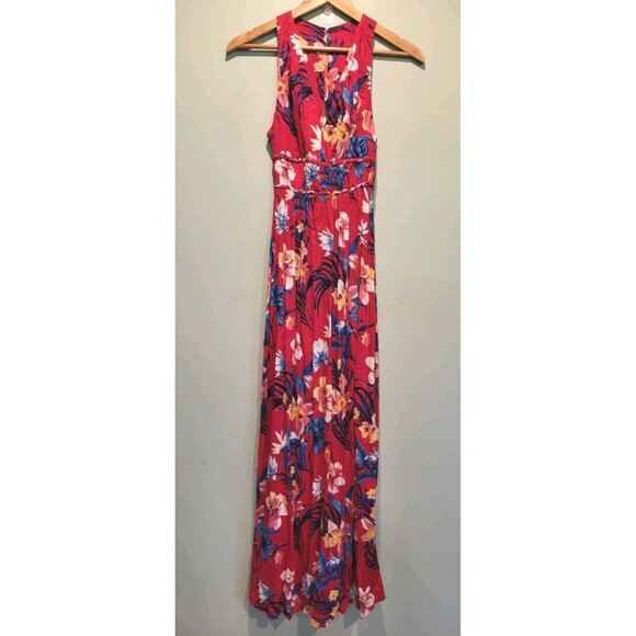 New Red Blue Hawiian Empire Waist Sleeveless Maxi Dress Japna Sz XS Tropical - Picture 2 of 8